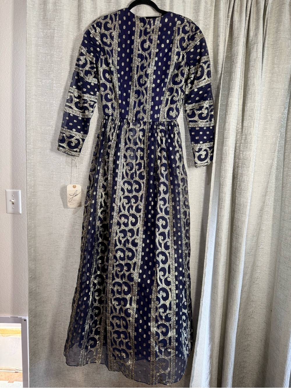 Vintage Navy and Silver Long Sleeve Maxi Dress